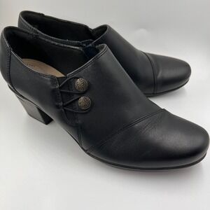Clarks Collection Black Leather Button Side Ankle‎ Booties Women's Shoes